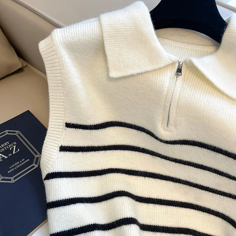 Retro Lapel Zipper Stripe Knitted Waistcoat Women Autumn Winter Korean Fashion Sleeveless Sweaters Casual Simple Pullover Vest