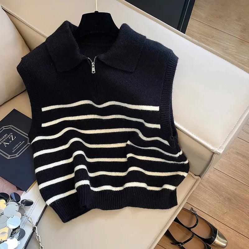 Retro Lapel Zipper Stripe Knitted Waistcoat Women Autumn Winter Korean Fashion Sleeveless Sweaters Casual Simple Pullover Vest