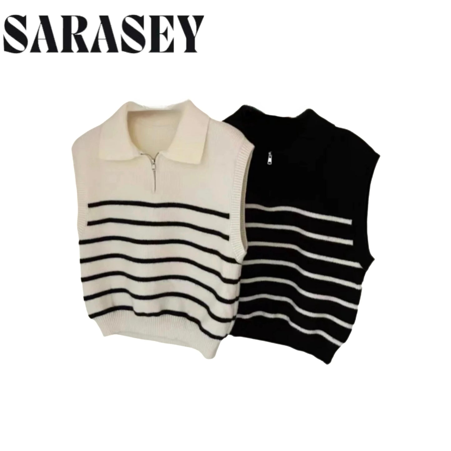 Retro Lapel Zipper Stripe Knitted Waistcoat Women Autumn Winter Korean Fashion Sleeveless Sweaters Casual Simple Pullover Vest