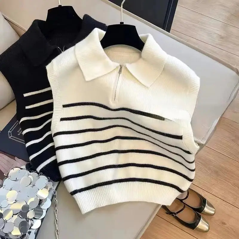 Retro Lapel Zipper Stripe Knitted Waistcoat Women Autumn Winter Korean Fashion Sleeveless Sweaters Casual Simple Pullover Vest