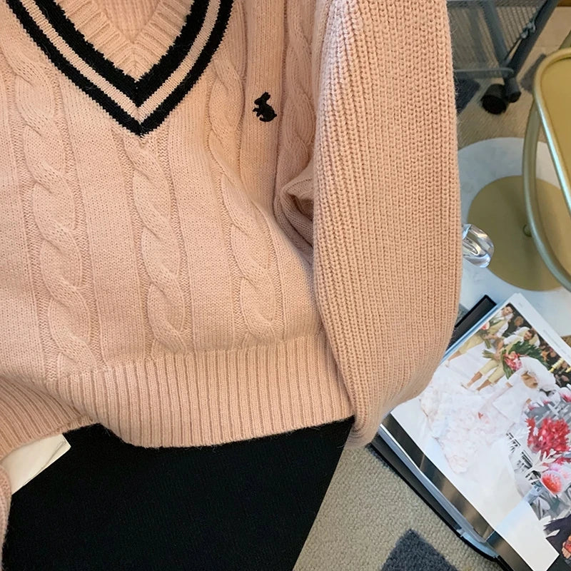 Korean Fashion Sweaters Women Autumn V-Neck Y2K Cartoon Embroidery Knitted Tops Winter Soft Basic Long Sleeve Pullovers