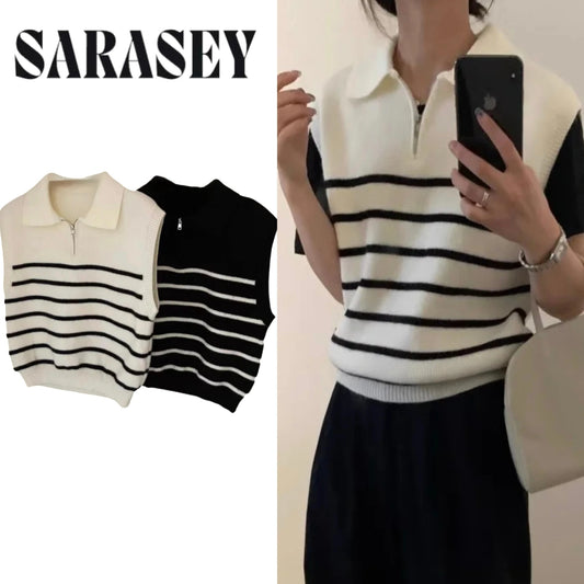 Retro Lapel Zipper Stripe Knitted Waistcoat Women Autumn Winter Korean Fashion Sleeveless Sweaters Casual Simple Pullover Vest