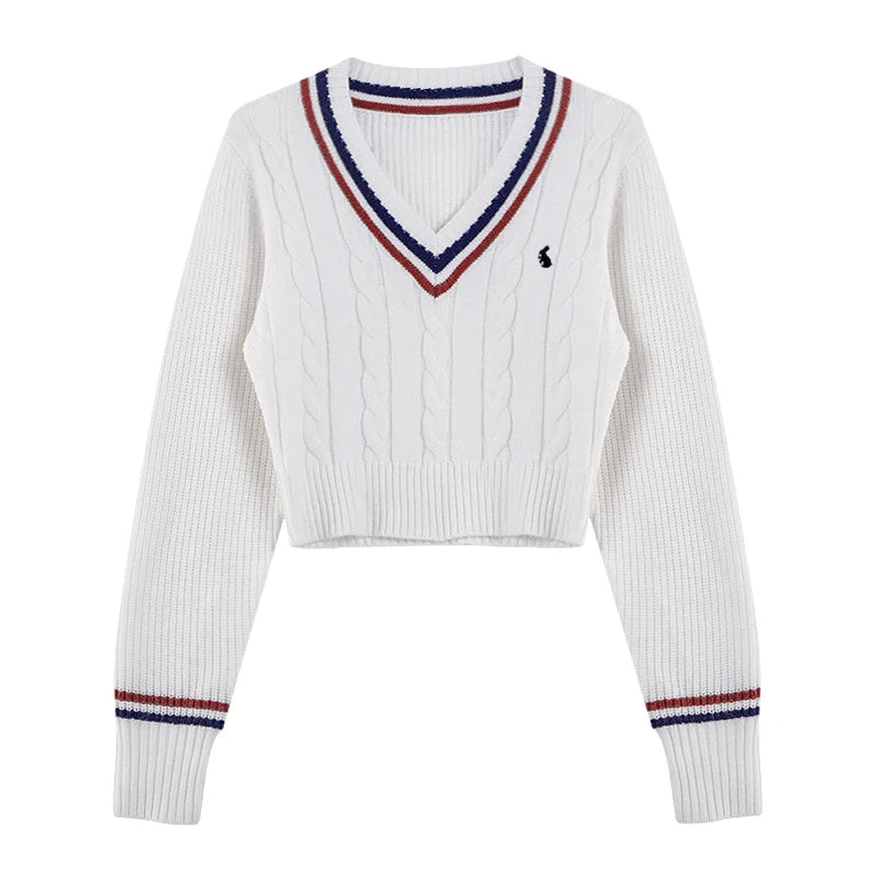Korean Fashion Sweaters Women Autumn V-Neck Y2K Cartoon Embroidery Knitted Tops Winter Soft Basic Long Sleeve Pullovers