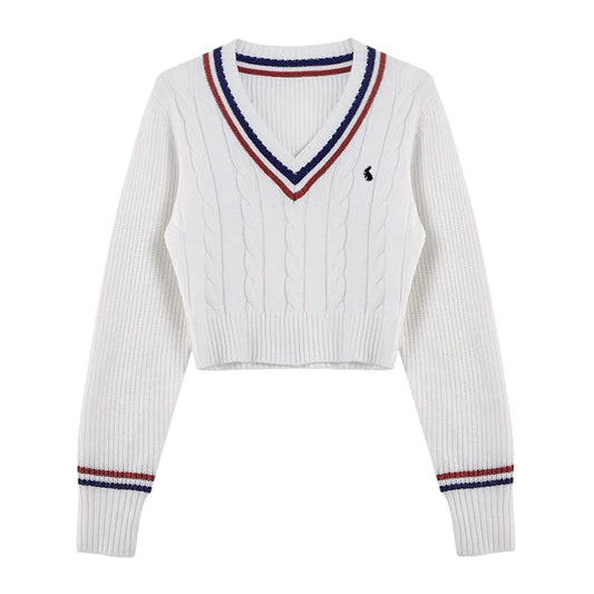 Korean Fashion Sweaters Women Autumn V-Neck Y2K Cartoon Embroidery Knitted Tops Winter Soft Basic Long Sleeve Pullovers