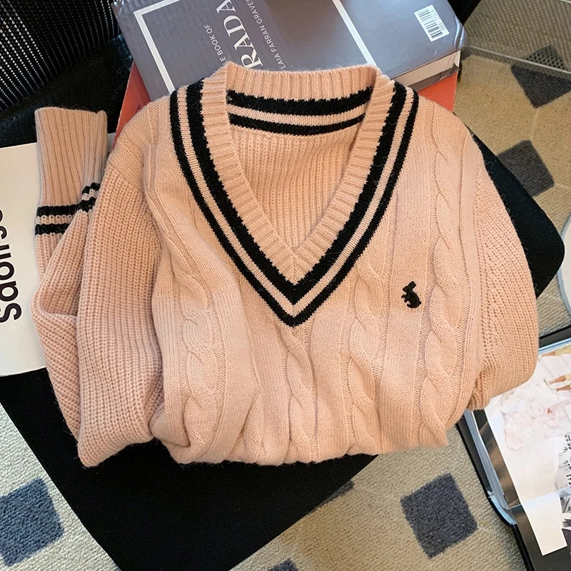 Korean Fashion Sweaters Women Autumn V-Neck Y2K Cartoon Embroidery Knitted Tops Winter Soft Basic Long Sleeve Pullovers