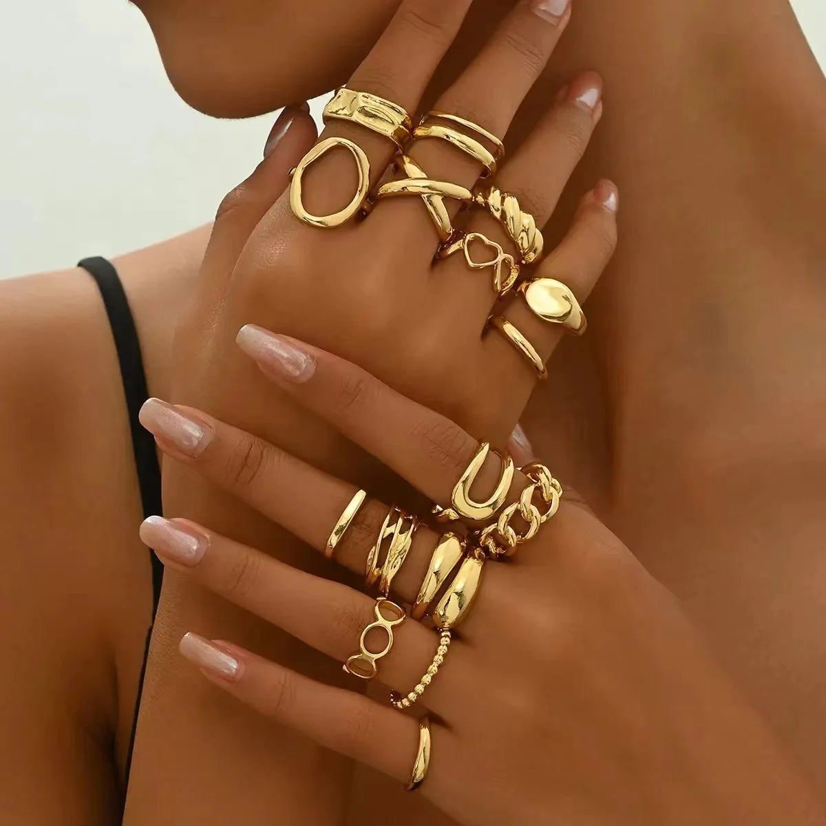 2025 New 6PCS Punk-Style Alloy Electroplated Irregular Exaggerated Flower Ring for Women Elegant Baroque Limited Pearl Ring Jewe