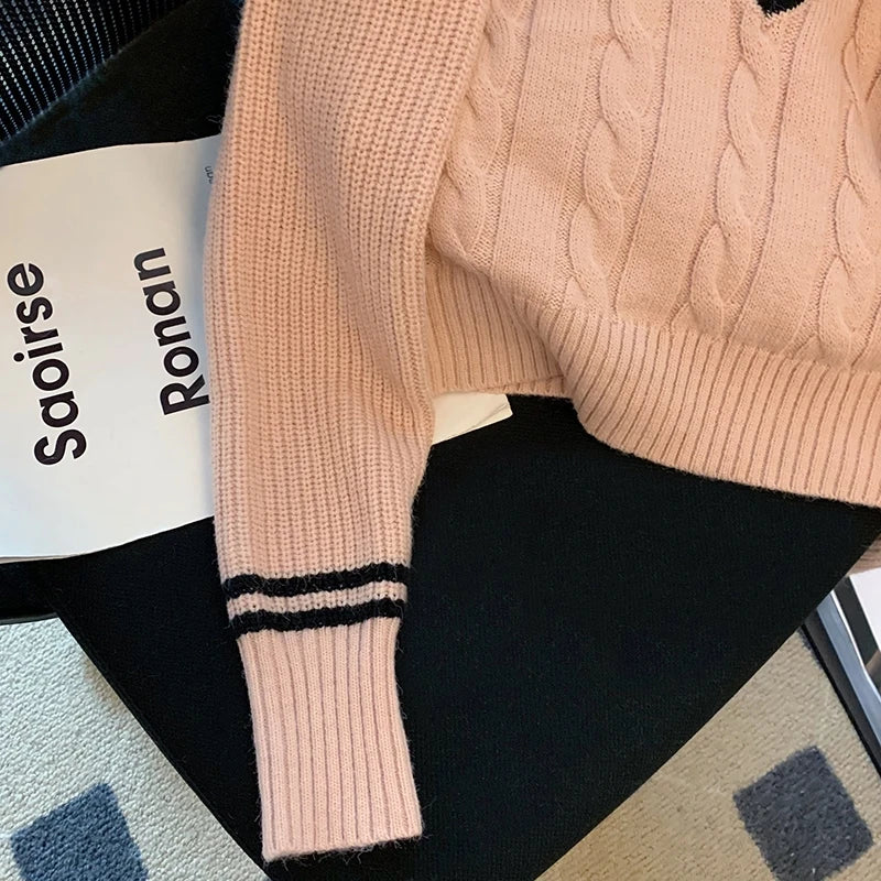 Korean Fashion Sweaters Women Autumn V-Neck Y2K Cartoon Embroidery Knitted Tops Winter Soft Basic Long Sleeve Pullovers