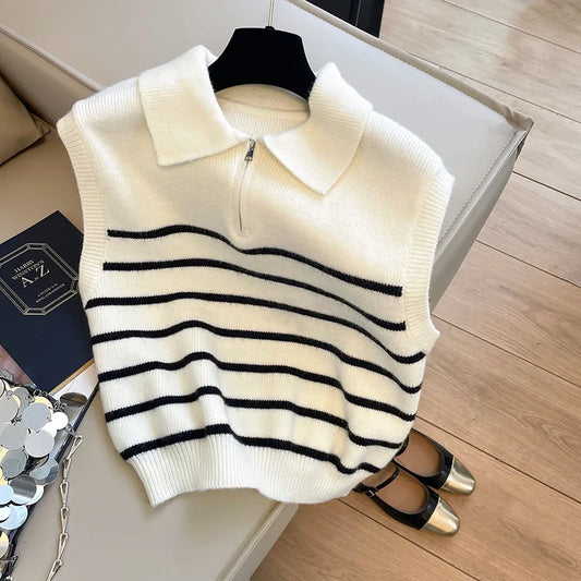 Retro Lapel Zipper Stripe Knitted Waistcoat Women Autumn Winter Korean Fashion Sleeveless Sweaters Casual Simple Pullover Vest