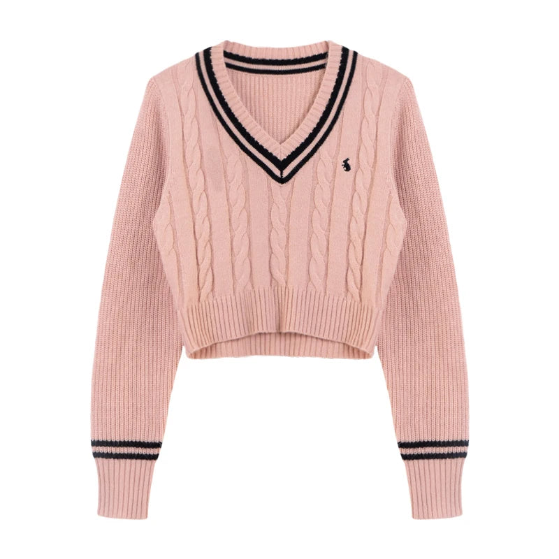 Korean Fashion Sweaters Women Autumn V-Neck Y2K Cartoon Embroidery Knitted Tops Winter Soft Basic Long Sleeve Pullovers