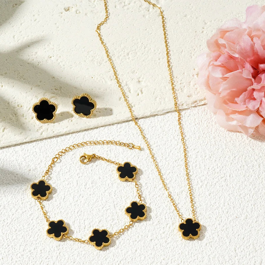 3Pcs Stainless Steel 316L Luxury Plum Blossom Plant Five Leaf Flower Necklace Earrings Bracelet for Women Gift Jewelry Sets