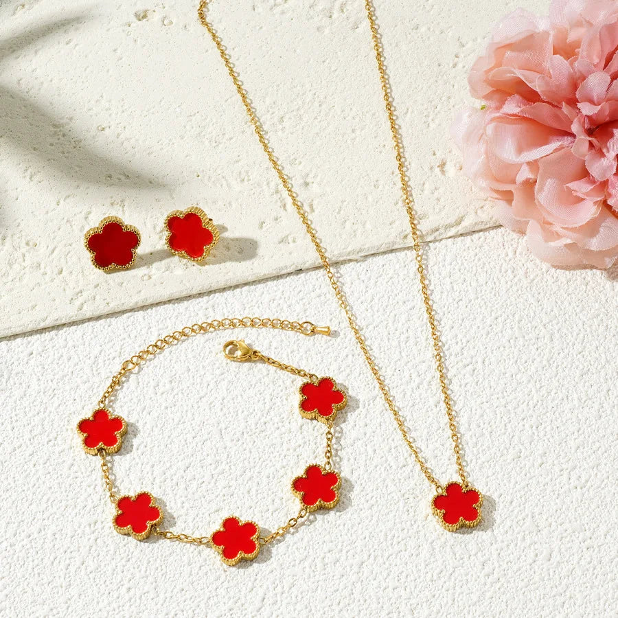3Pcs Stainless Steel 316L Luxury Plum Blossom Plant Five Leaf Flower Necklace Earrings Bracelet for Women Gift Jewelry Sets