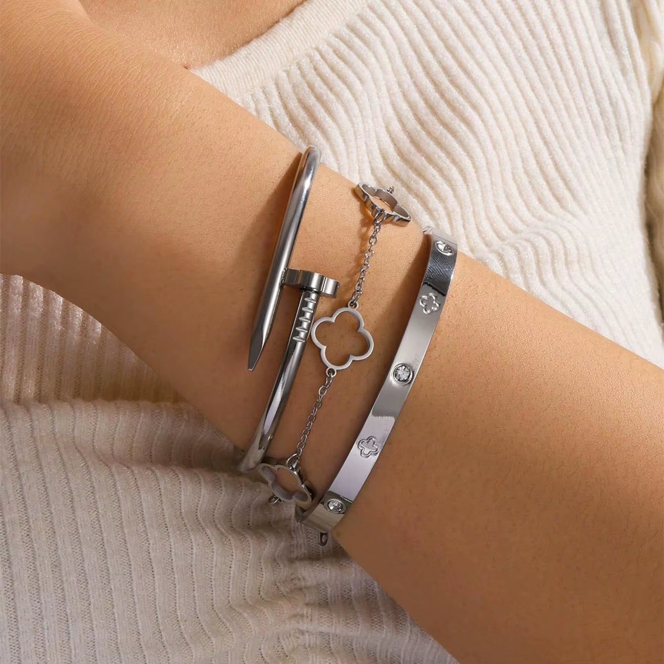 3PCS French Lucky Clover Women'S Bracelet Set High Quality Stainless Steel INS Hot Selling Bracelet Charm Feeling Jewelry Gift