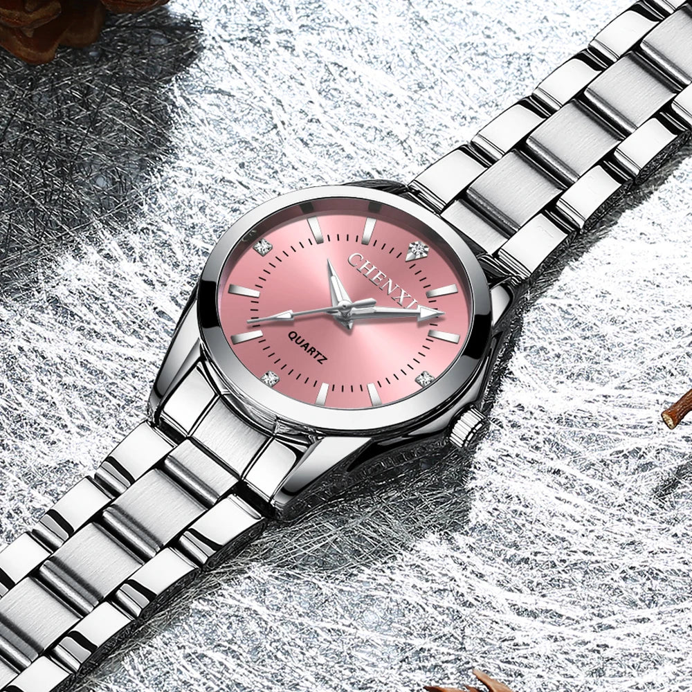 021B Women'S Watch Simple Design Luxury Stainless Steel Women Quartz Wristwatch Rhinestone Dial Watches Gift for Ladies