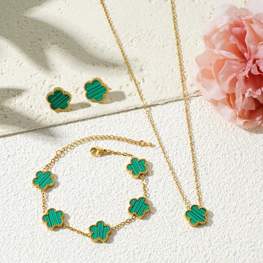 3Pcs Stainless Steel 316L Luxury Plum Blossom Plant Five Leaf Flower Necklace Earrings Bracelet for Women Gift Jewelry Sets