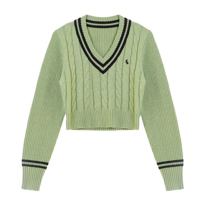 Korean Fashion Sweaters Women Autumn V-Neck Y2K Cartoon Embroidery Knitted Tops Winter Soft Basic Long Sleeve Pullovers