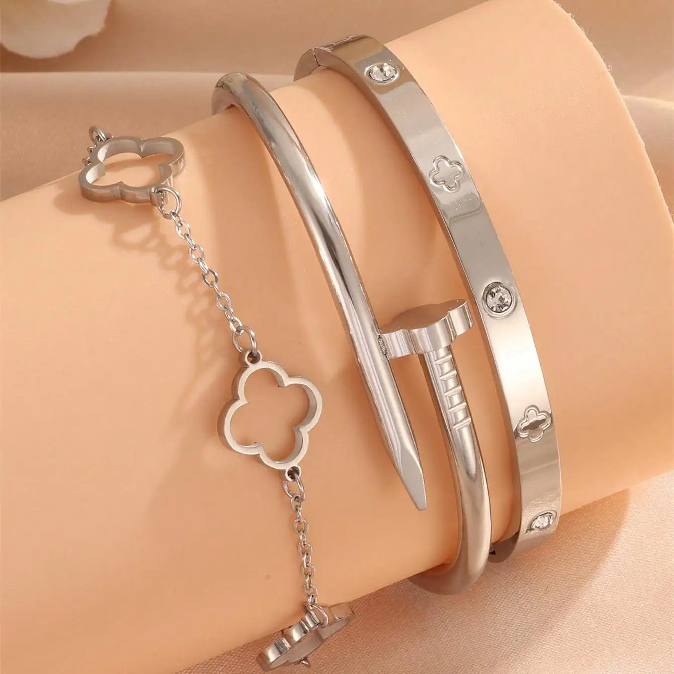 3PCS French Lucky Clover Women'S Bracelet Set High Quality Stainless Steel INS Hot Selling Bracelet Charm Feeling Jewelry Gift