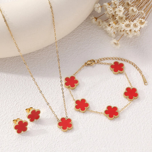 3Pcs Stainless Steel 316L Luxury Plum Blossom Plant Five Leaf Flower Necklace Earrings Bracelet for Women Gift Jewelry Sets